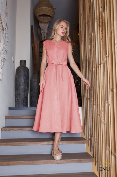 Rožinė lininė suknelė su dirželiu AUŠRA