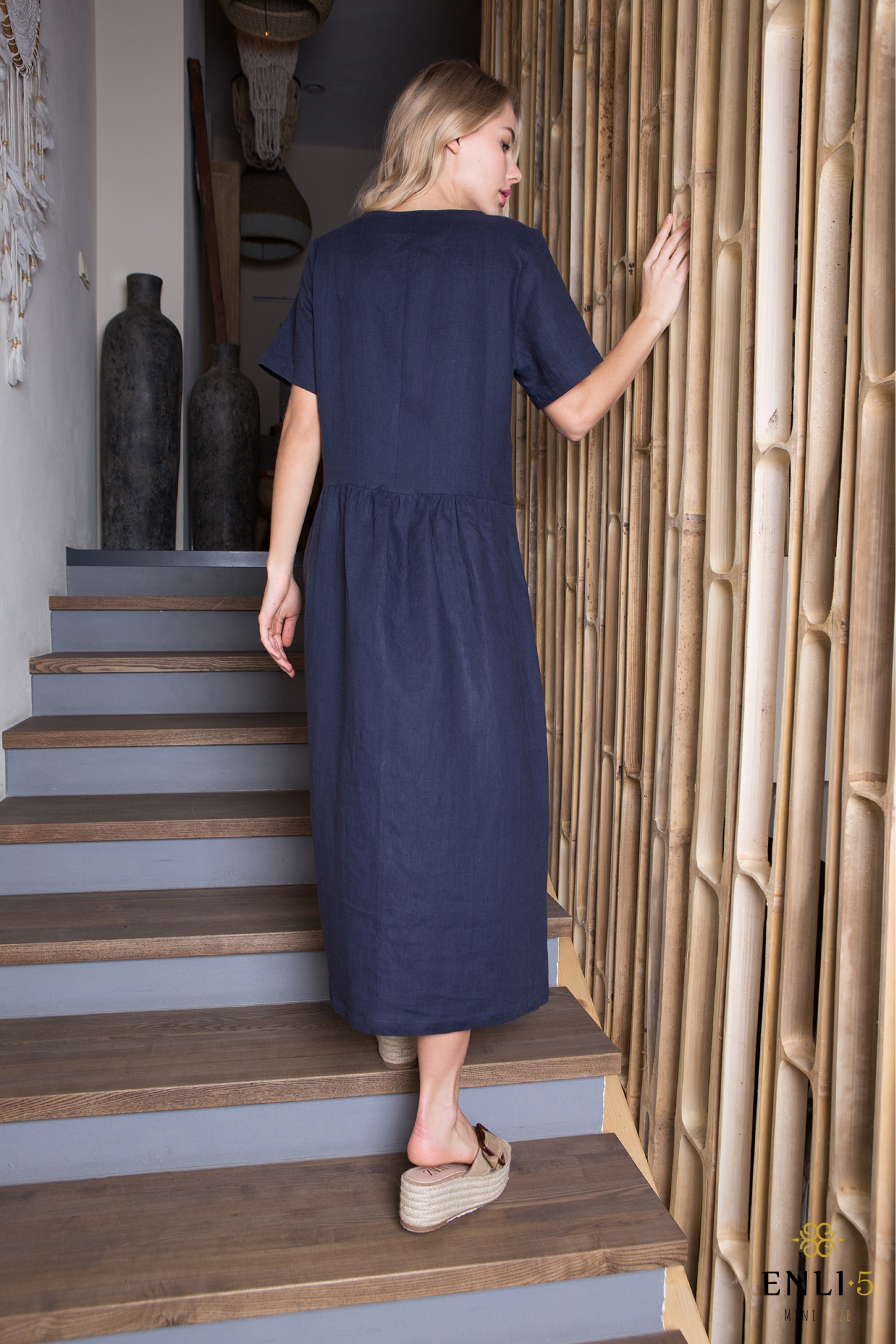 Boho stiliaus plati lininė suknelė | Tamsiai mėlyna suknelė